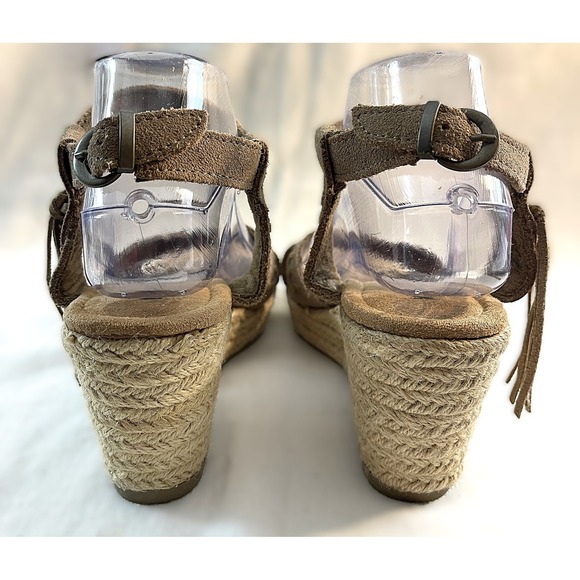 Minnetonka Brown Suede Wedge Sandals‎ Espadrille Ankle Strap Fringe Details Sz 9 - Picture 2 of 5